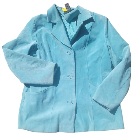 Dialogue turquoise teal suede leather button front jacket blazer large - Picture 1 of 10